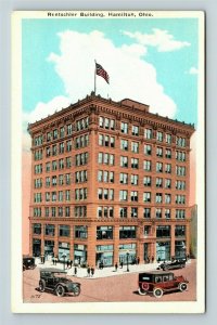 Hamilton OH, Rentschler Building, American Flag, Cars, Ohio Vintage Postcard 