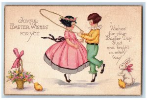 Easter Postcard Children Playing Flowers In Basket Chick Rabbit c1910's Antique