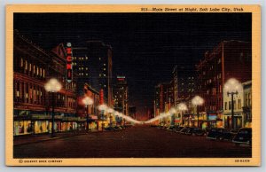 Salt Lake City Utah~Main Street At Night~Vintage Linen Postcard