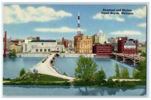 c1940's Riverfront And Skyline Grand Rapids Michigan MI Unposted Bridge Postcard
