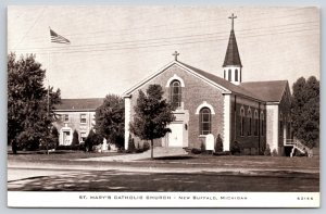 C.R. Childs~New Buffalo Michigan~St Mary Catholic Church~Tower~Flag~c1940 PC