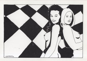 Chess Board Black vs White Nude Queen Piece Game Comic Art Postcard