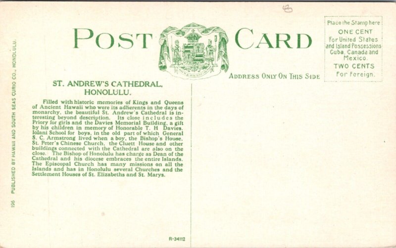 Postcard St. Andrew's Cathedral in Honolulu, Hawaii