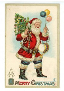 Greeting - Christmas. Santa Claus in Red Coat & Blue Pants, Holding Balloons