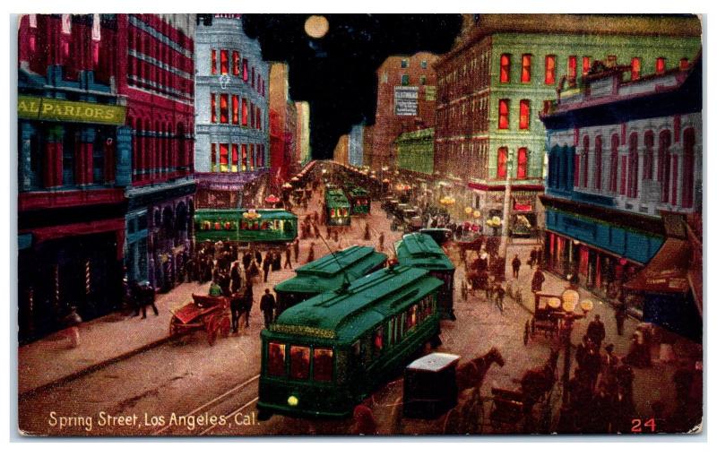 Early 1900s Spring Street with Streetcars and Horses, Los Angeles, CA Postcard