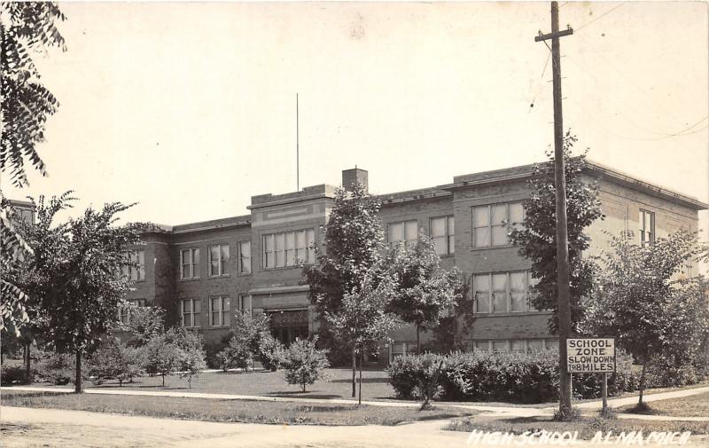 Alma Michigan~High School Building~School Zone Slow Down Sign~1920s RPPC