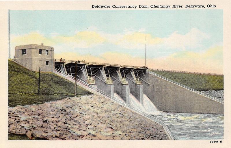 Delaware Ohio Conservancy Dam on Olentangy River~1949 News Shop Postcard