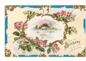 May Your Birthday Be One Round Of Pleasure, Rural Winter Scene, Antique Postcard