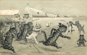 Postcard Anthropomorphic Louis Wain Tabby Cat Chased By Angry Mob Of Cats