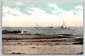Port Chester NY View Of The Sound Sailboats Beach Scene New York Postcard C39