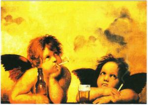 Raphael Angels Cherubs Smoking and Drinking Beer Altered Art Postcard