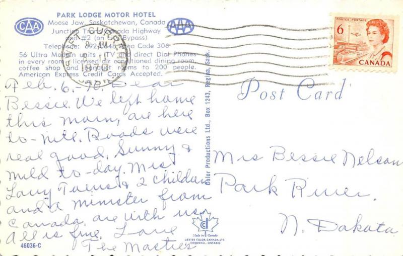 MOOSE JAW, Saskatchwan Canada  PARK LODGE MOTOR HOTEL~Interior ROADSIDE Postcard