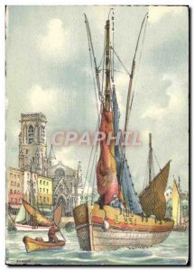 Old Postcard Fishing Boat Sailboat