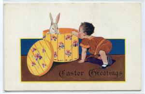 Easter Greetings Baby Bunny Box 1910c Holiday postcard