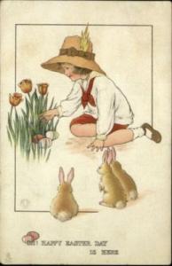 TUCK EASTER Little Girl w Floweres & Rabbits c1910 PC
