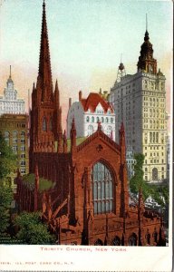 VINTAGE POSTCARD VIEW OF THE TRINITY CHURCH AND SURROUNDS NEW YORK CITY c. 1905