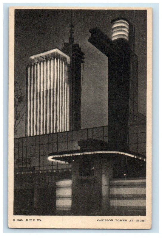 1933 Carillon Tower At Night A Century Of Progress Chicago Illinois IL Postcard 