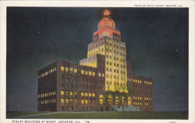 Illinois Decatur Staley Building At Night Curteich