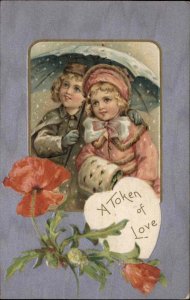 Valentine Little Boy and Girl Under Umbrella c1910 Vintage Postcard