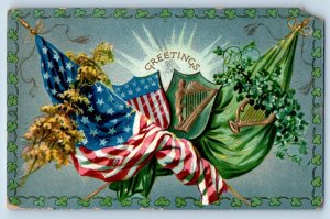 St. Patrick's Day Postcard Greetings Flags Harp Clover Embossed Long Beach CA