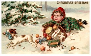 Christmas  Baby , Dog running away with Doll