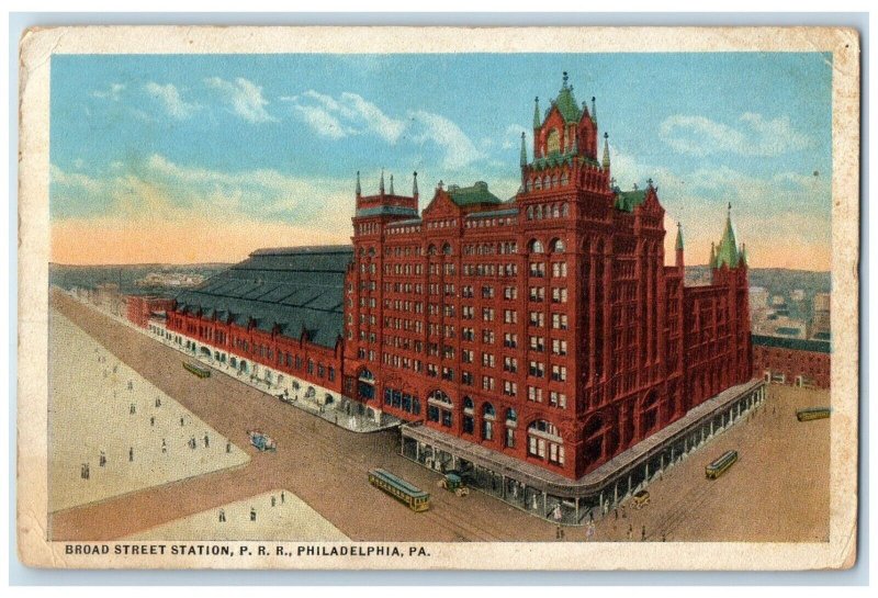 1922 Broad Street Station Trolley Train PRR Philadelphia Pennsylvania Postcard