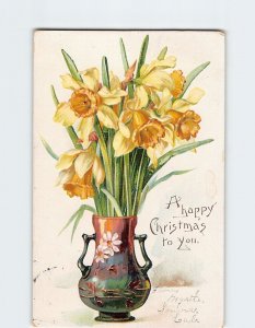 Postcard A Happy Christmas to You with Flowers Vase Embossed Art Print