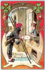 HAPPY NEW YEAR  Embossed Art Nouveau  CHIMNEY SWEEP 1914    Postcard 