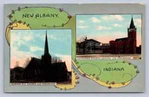 K1/ New Albany Indiana Postcard c1910 2View Lutheran & M.E. Church 266