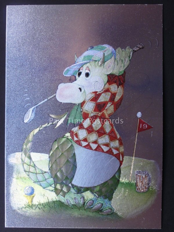 CARTOON DRAGON THE GOLF PLAYER c1985 by F J Warren DUFEX FOIL Postcard 