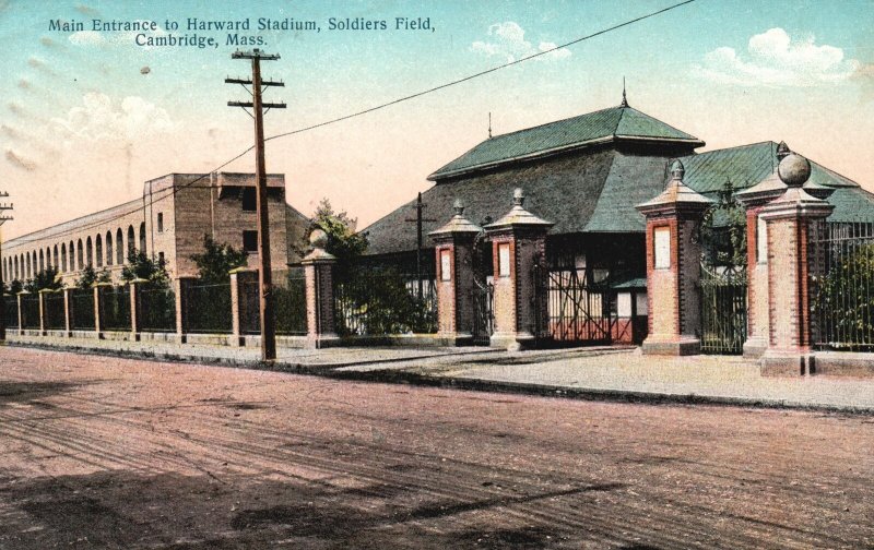 Vintage Postcard 1910 Main Entrance Harvard Stadium Soldiers Field Cambridge MA