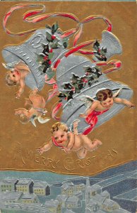 FLYING CHERUBS-SILVER BELLS-VILLAGE SCENE-GILT EMBOSSED~MERRY CHRISTMAS POSTCARD