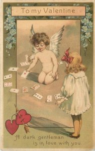 Embossed Valentine Postcard Cupid reads Cards~Dark Gentleman is in Love with You