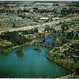 c1960s Riverside, CA Greetings Aerial Lake Evans Fairmount Park Golf Course A221