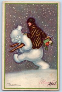 c1910's New Year Bonne Anne Busi Italy Sexy Snowman Snow Winter Scene Postcard