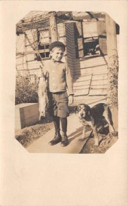 Boy with Rabbit and Hunting Dog Real Photo Vintage Postcard AA109476