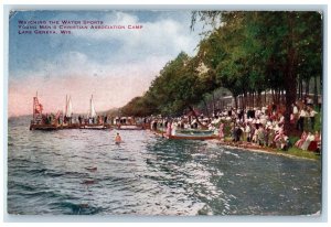 1920 Watching Water Sports YMCA Camp Sailboats Tourists Lake Geneva WI Postcard 