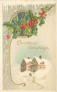 1910 Christmas Postcard Holly, Falling Snow, Houses, People, Embossed Meeker 506
