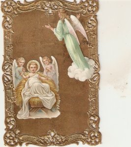 Baby Jesus in crale with Angels Old vintage Spanish Religious PC. Die cut