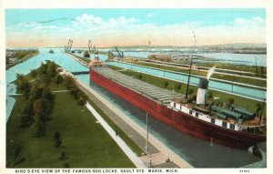 Vintage Postcard 1930s Birds Eye View Famous Soo Locks Sault Ste. Marie Michigan