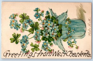 1910 West Chester Pennsylvania Postcard Greetings Glitter Flower Vase Embossed