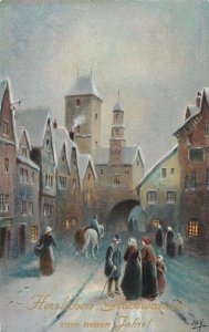 Greetings postcard joyfull Christmas Eve New Year village snow horse