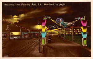 RPPC Promenade & Paddling Pool, S.S., BLACKPOOL by Night 1933 Vintage Postcard