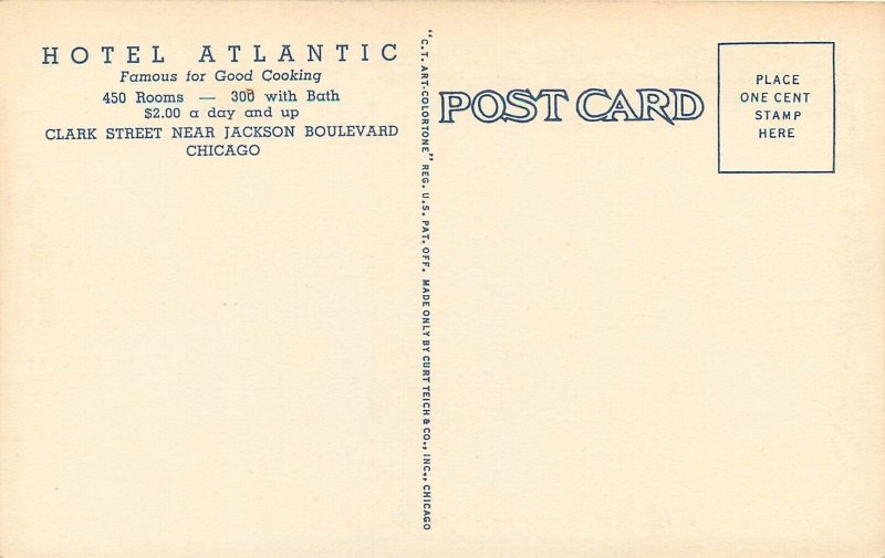 Postcard Illinois Chicago Hotel Atlantic Lobby occupation roadside Teich 27-8735