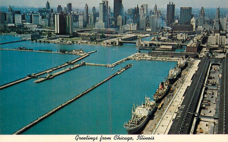 Postcard United States Chicago Illinois aerial view navy pier skyline cargo ship