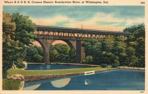 Vintage Postcard 1930's B&O R.R. Crosses Historic Brandywine River Wilmington DE