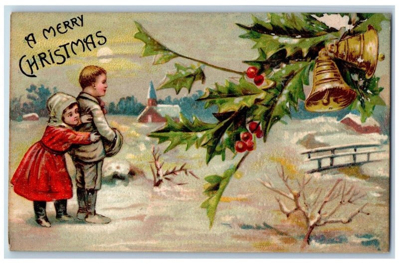 Christmas Postcard Children Holly Berries Ringing Bell Winter Nash Embossed