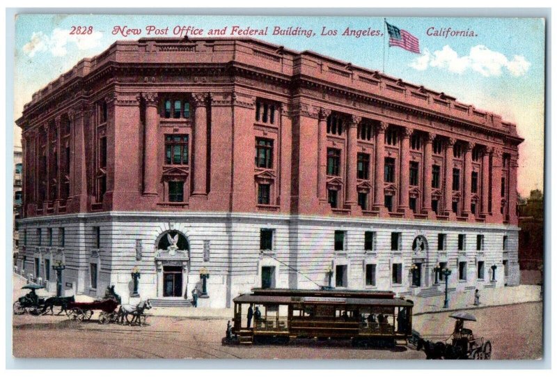 c1910 New Post Office Federal Building Streetcar Los Angeles California Postcard