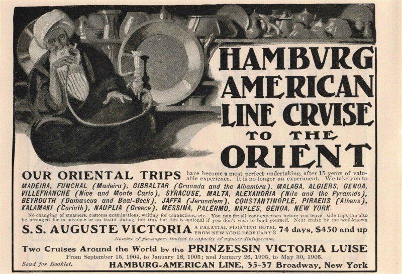 1903 Hookah Shisha Water Pipe Hamburg Cruise Line Original Print Ad 2T1-47