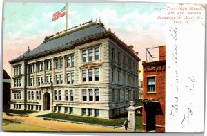 Postcard NY Troy Troy High School 5th Ave - glitter